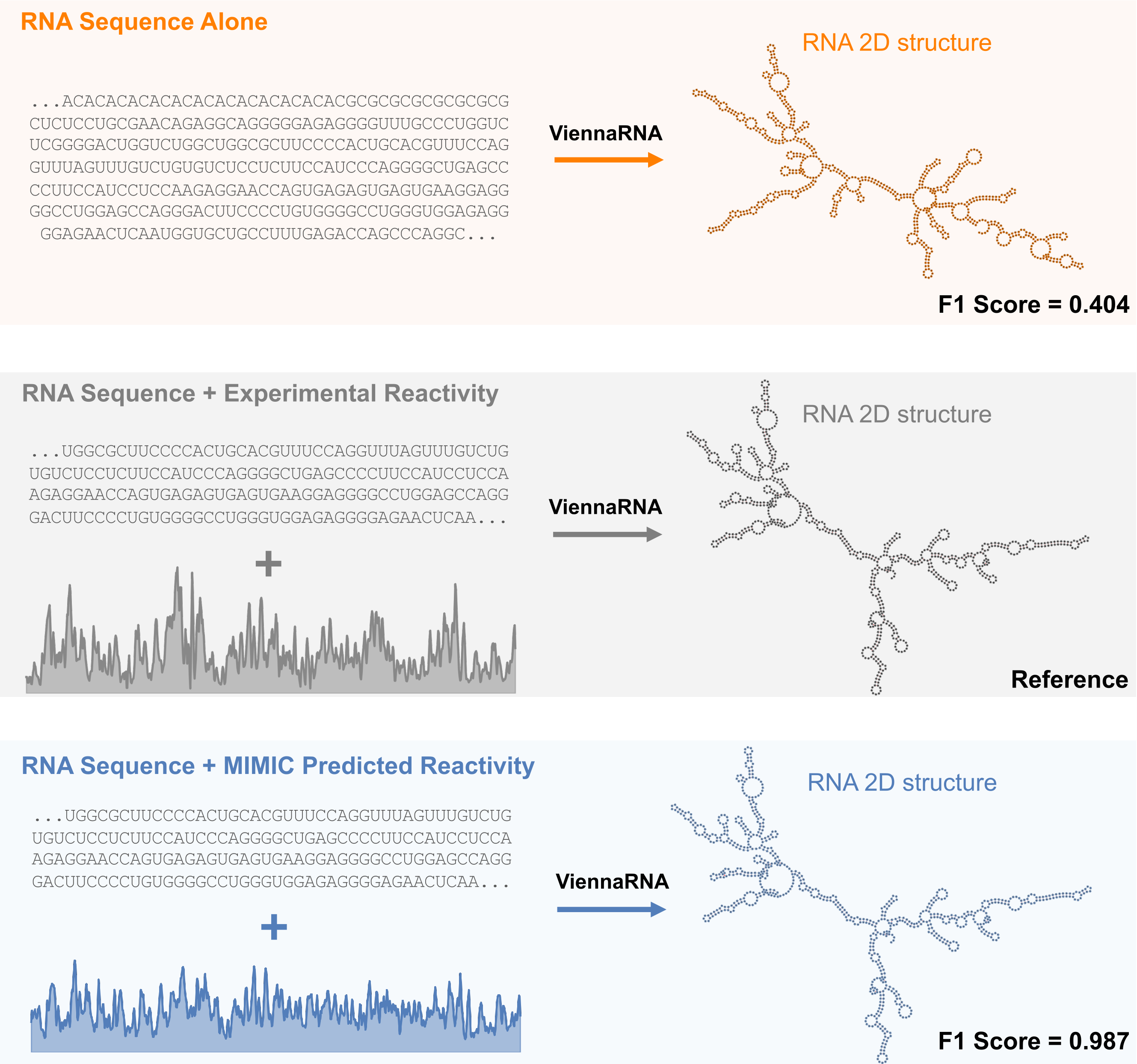 Folding the same transcript from sequence alone, from experimental reactivity, and from MIMIC's predicted reactivity.