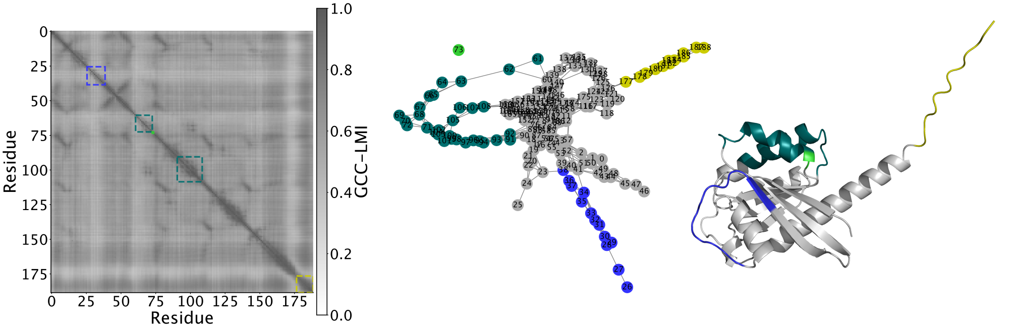 Allosteric network and communities constructed from predicted correlations in KRAS residue dynamics.